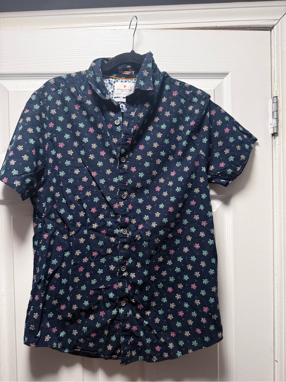 Denim & Flower Navy Short-Sleeve Button-Down with Multicolor Floral Print